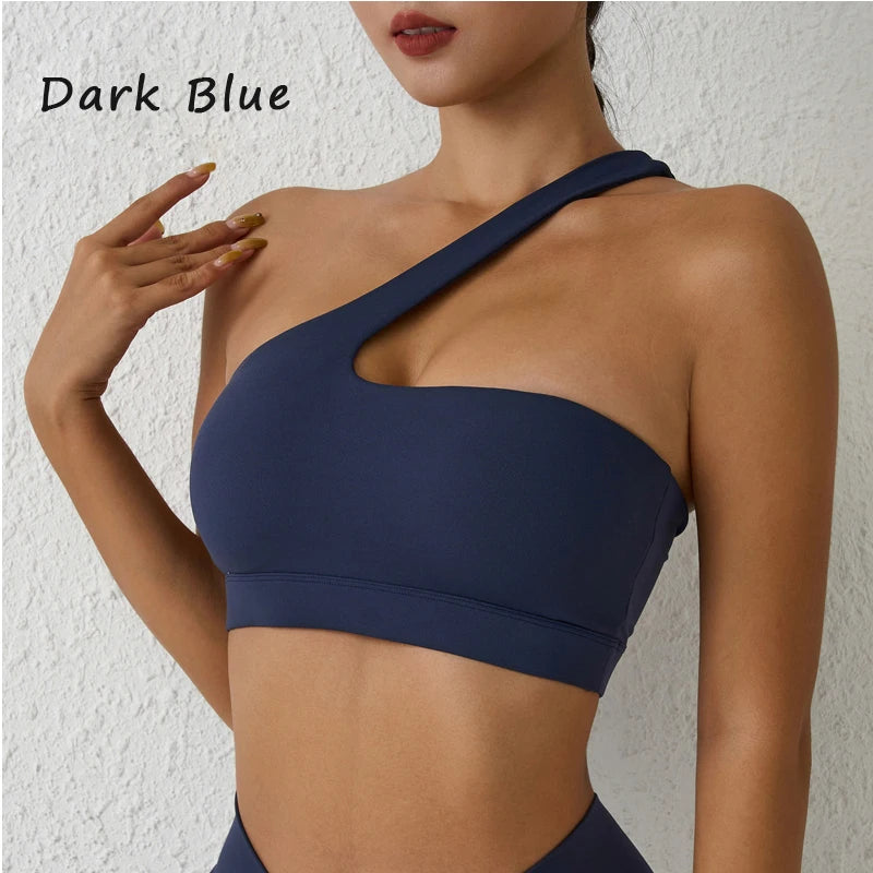One-Shoulder Sexy Sports Bra Yoga Fitness Training Outwear with Detachable Beauty Back Design for Women