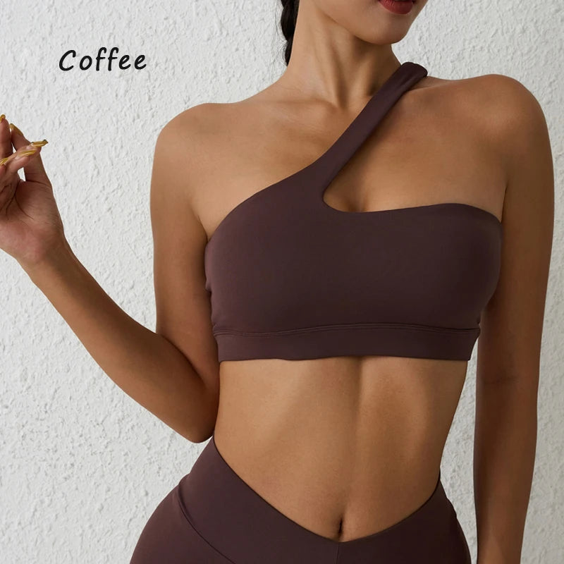 One-Shoulder Sexy Sports Bra Yoga Fitness Training Outwear with Detachable Beauty Back Design for Women