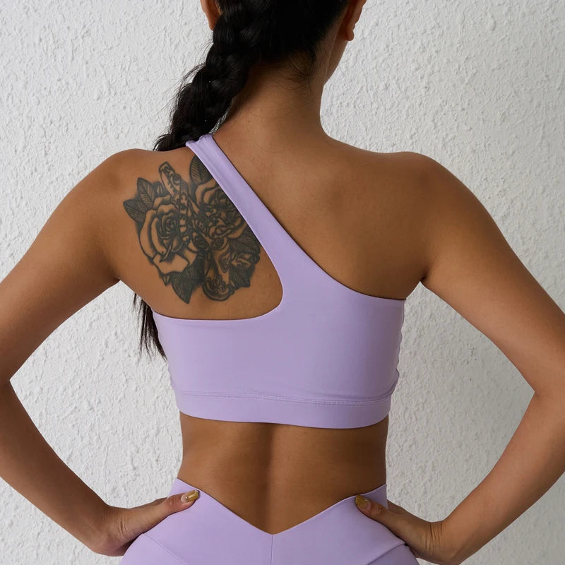 One-Shoulder Sexy Sports Bra Yoga Fitness Training Outwear with Detachable Beauty Back Design for Women