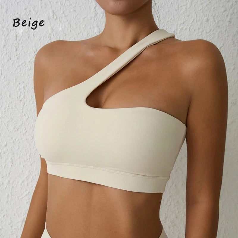 One-Shoulder Sexy Sports Bra Yoga Fitness Training Outwear with Detachable Beauty Back Design for Women