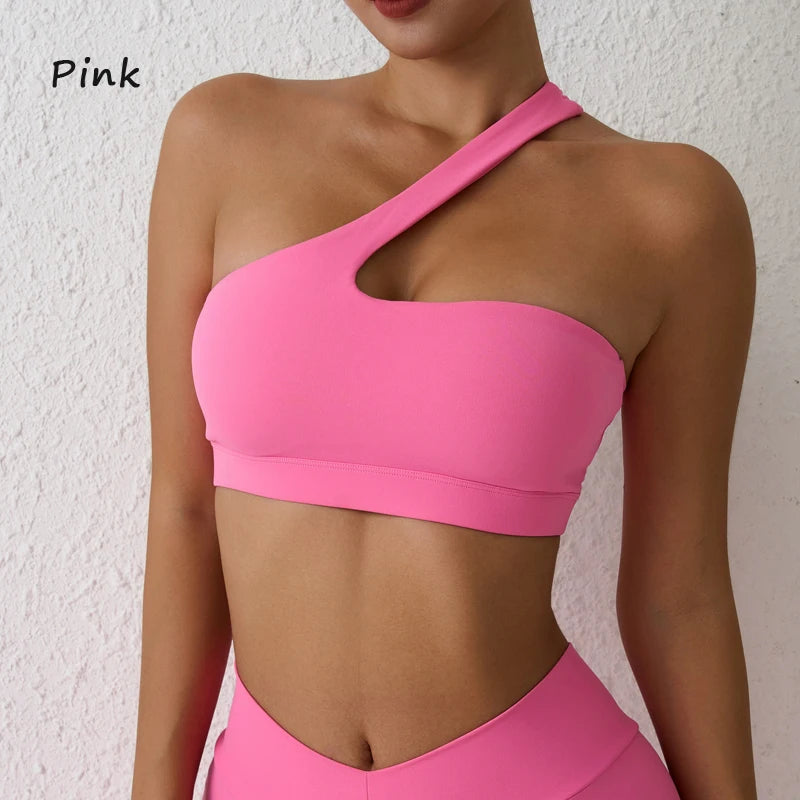 One-Shoulder Sexy Sports Bra Yoga Fitness Training Outwear with Detachable Beauty Back Design for Women