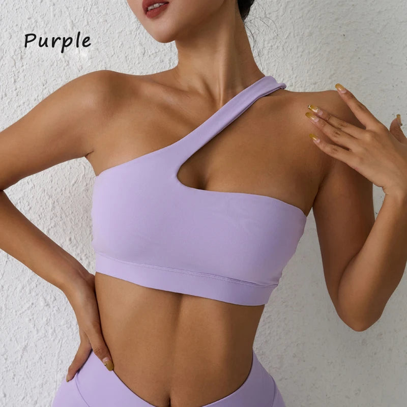 One-Shoulder Sexy Sports Bra Yoga Fitness Training Outwear with Detachable Beauty Back Design for Women