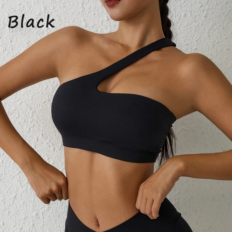 One-Shoulder Sexy Sports Bra Yoga Fitness Training Outwear with Detachable Beauty Back Design for Women